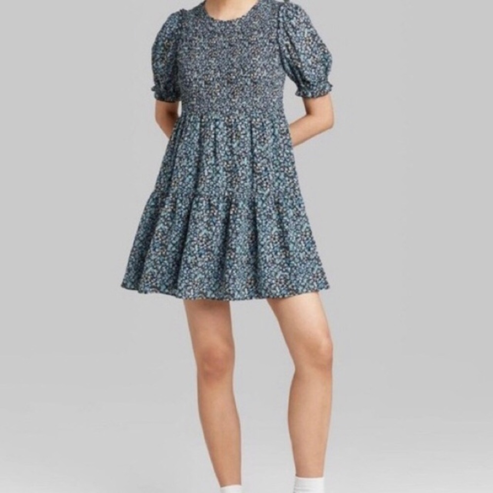 “Wild Fable”, blue floral, smocked bodice, tiered babydoll dress, size M - Picture 4 of 16